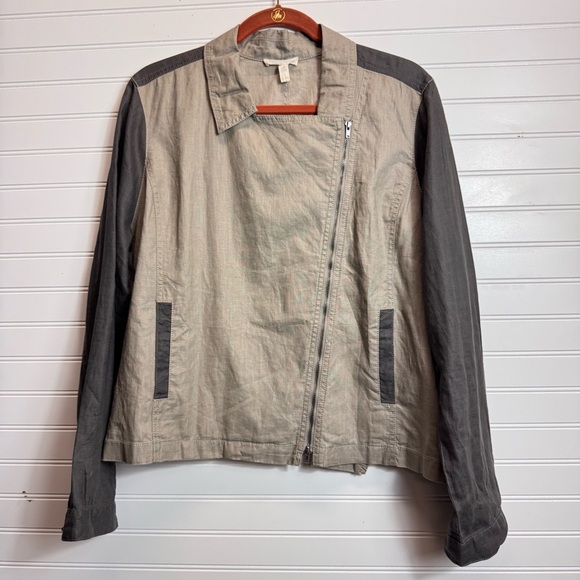 Eileen Fisher XL Coated Organic Linen Moto Jacket Asymmetric Zip Stone $258 - Picture 2 of 15